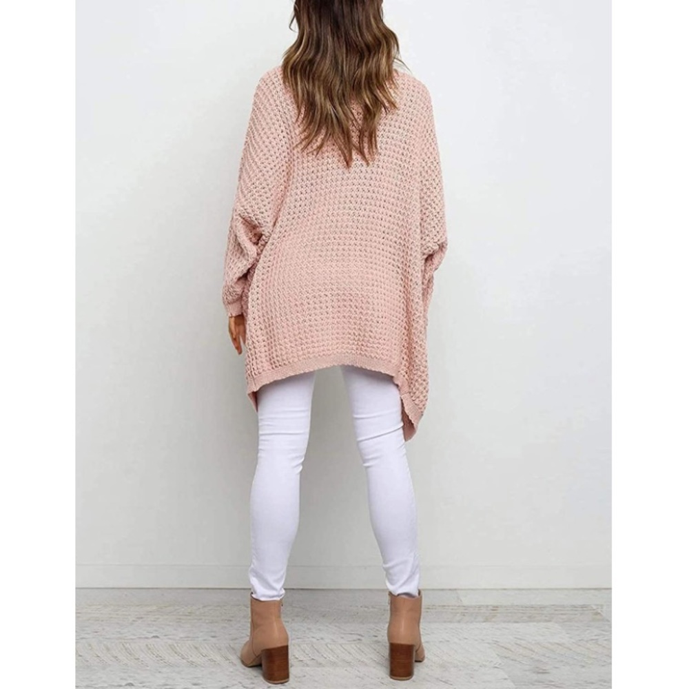Oversized Long Batwing Sleeve Cardigan Waffle Knit Sweater Blush Pink - Picture 4 of 6